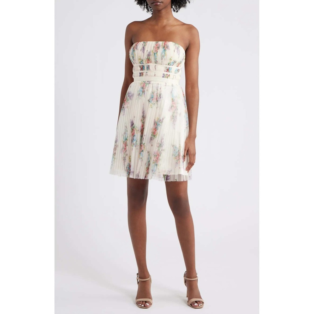 NWT Lulus Strapless Mini Dress Womens XS Ivory Floral Pleated Tulle